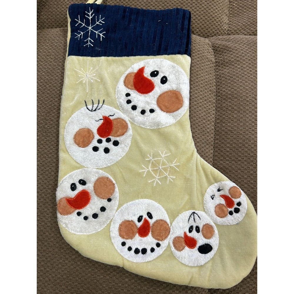 Snowman Applique Christmas Stocking Cream Blue Velvet Kitsch Boho Retro